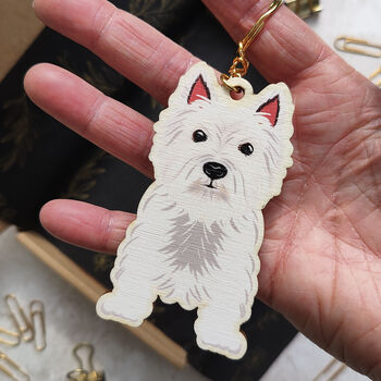West Highland Terrier Dog Wooden Keyring With Optional Christmas Card, 8 of 11