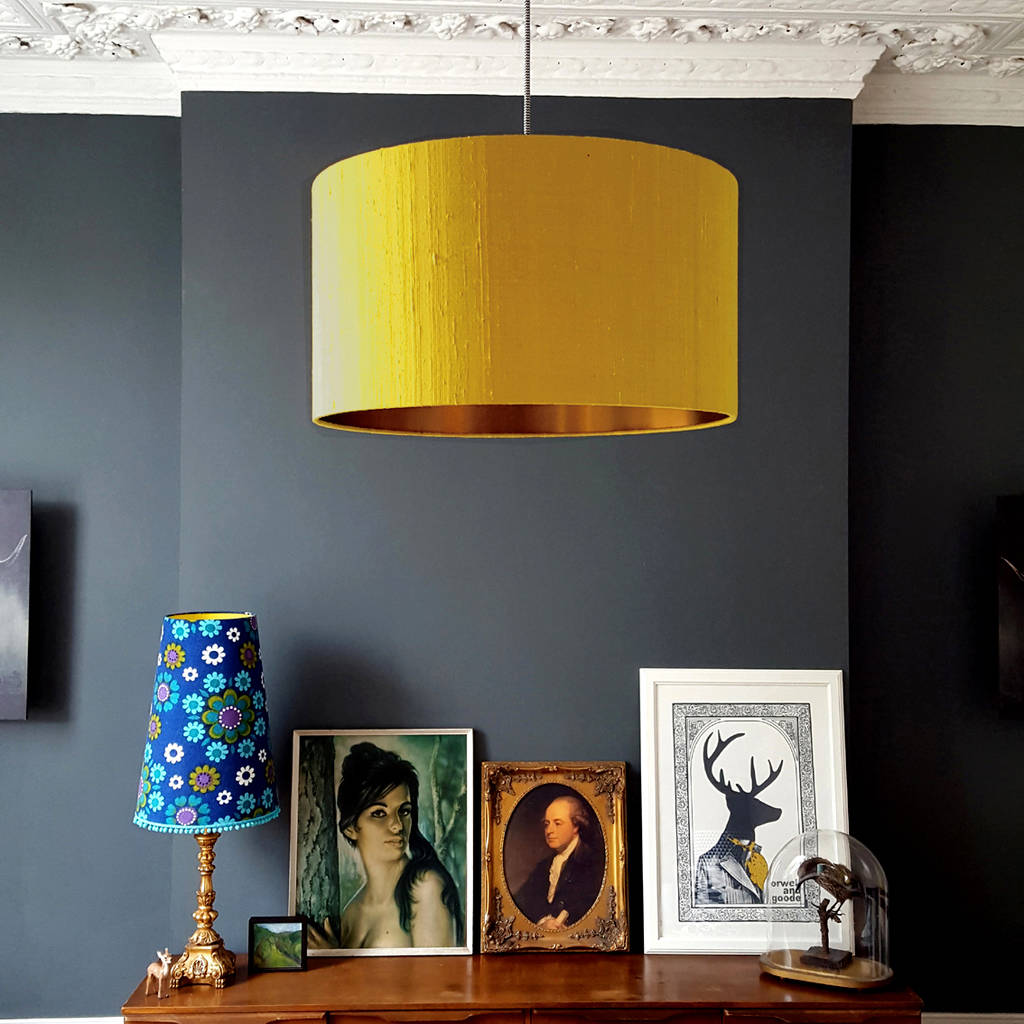 Mustard Silk Lampshades With Copper Or Gold Lining, 1 of 5