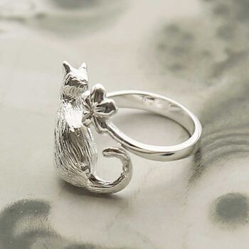 Sterling Silver Cat And Flower Adjustable Ring, 3 of 6