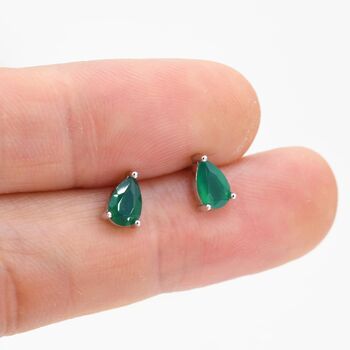 Sterling Silver Tiny Genuine Green Onyx Droplet Stud Earrings, 6 of 11