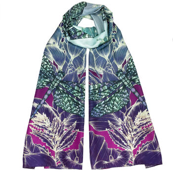 Dragonfly Lily Long Floral Silk Scarf In Fuchsia, 3 of 3
