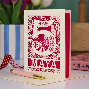 Personalised 5th Birthday Card Papercut Woodland Design, 2 of 7