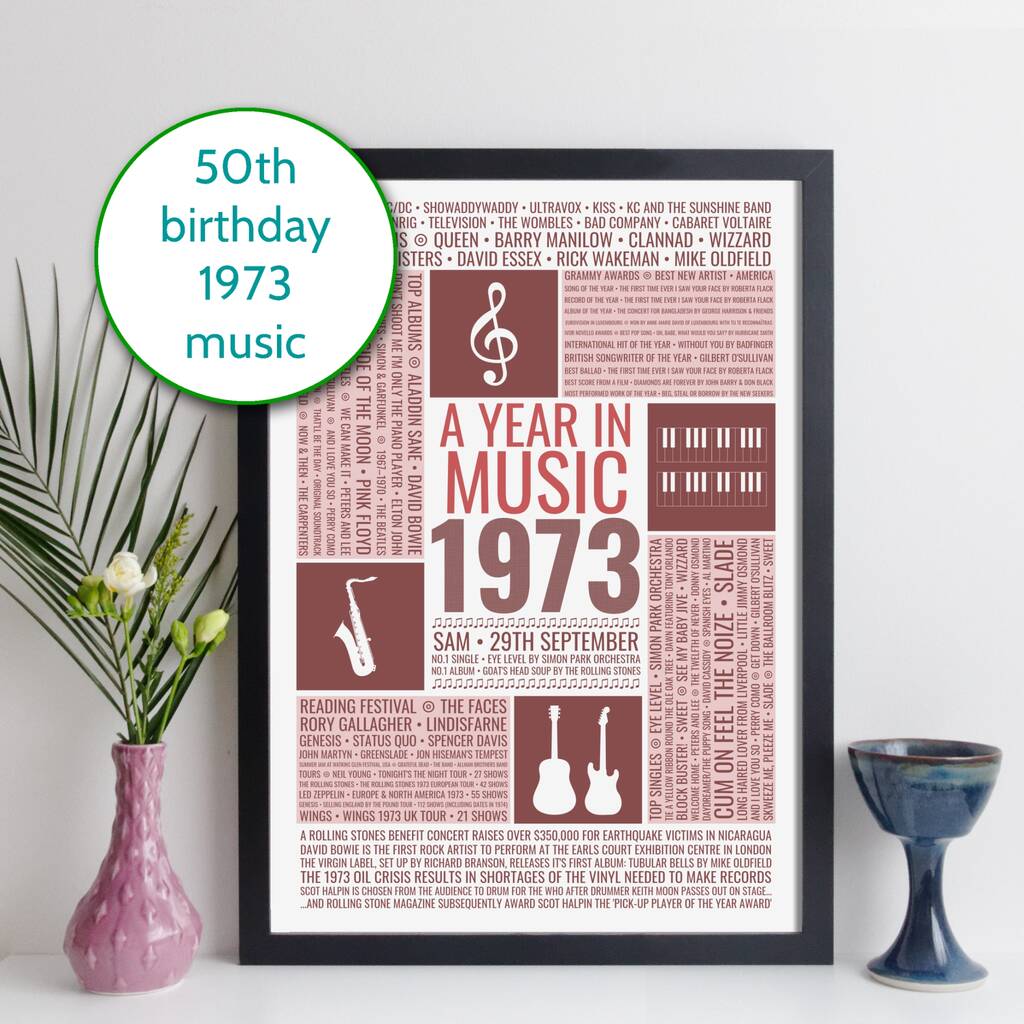 Personalised 50th Birthday Print Year 1973 Music Gift, 1 of 8