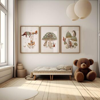 Woodland Mushroom House Animals Nursery Wall Art Set, 2 of 3