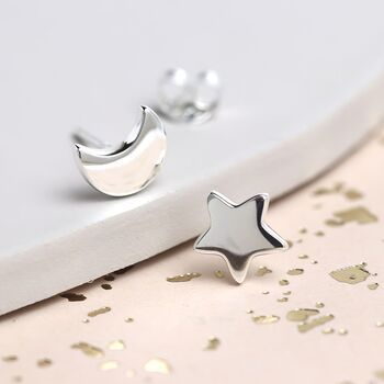 Sterling Silver Mismatched Moon And Star Stud Earrings, 3 of 9