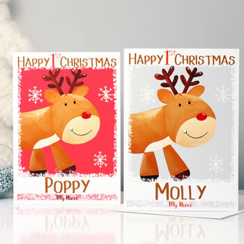 Personalised Reindeer Baby 1st Christmas Card, 2 of 11