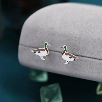 Enamel Mallard Duck Stud Earrings In Sterling Silver, 8 of 11