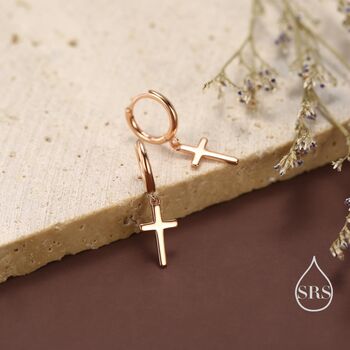 Sterling Silver Minimalist Cross Huggie Hoop Earrings, 3 of 12