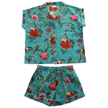 Ladies Teal Exotic Flower Print Cotton Short Pyjama Set, 3 of 3