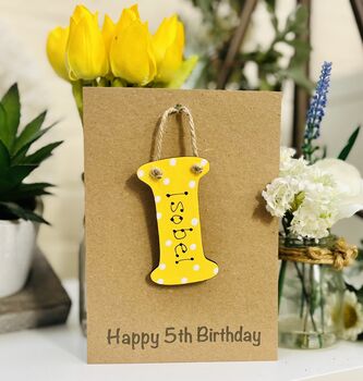 Personalised 5th Birthday Card Wooden Letter Name, 4 of 4