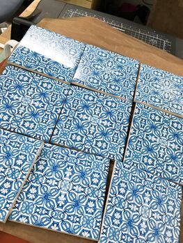 'Blue Turkish Flower' Handprinted Ceramic Tiles, 5 of 10