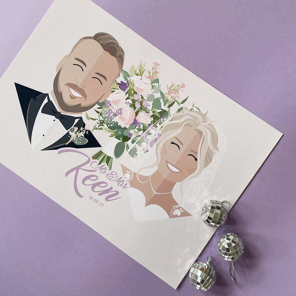 Personalised Wedding Couple And Bouquet Portrait Print, 1 of 5