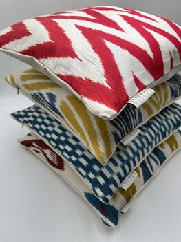 Square Ikat Silk Cushion Coral Red Zigzag, 6 of 9