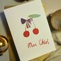 Personalised Cherry Christmas Card With Pink Gold Leaf Bow, thumbnail 1 of 5