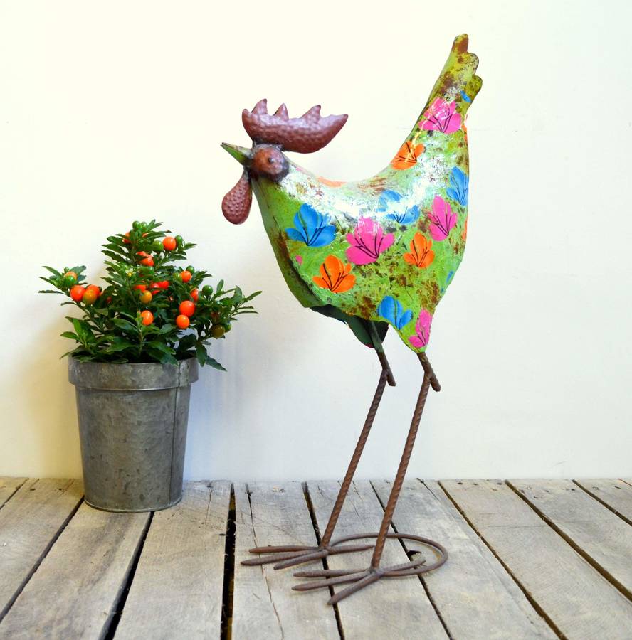 metal garden ornament choice of hen, goose or peacock by the orchard