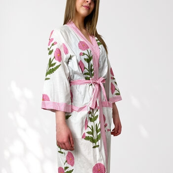 White And Pink Flower Print Cotton Dressing Gown Kimono, 3 of 10