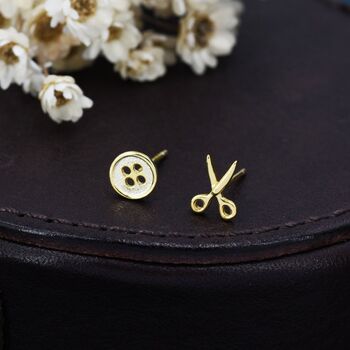 Mismatched Scissors And Button Stud Earrings, 3 of 12