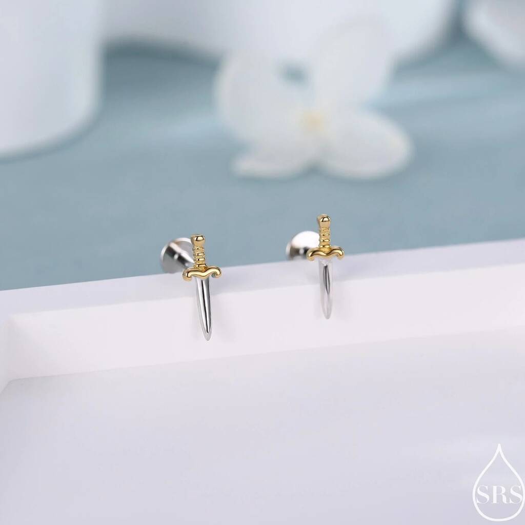 Tiny Dagger Sword Internally Threaded Flat Back Earrings In Sterling Silver, 1 of 12