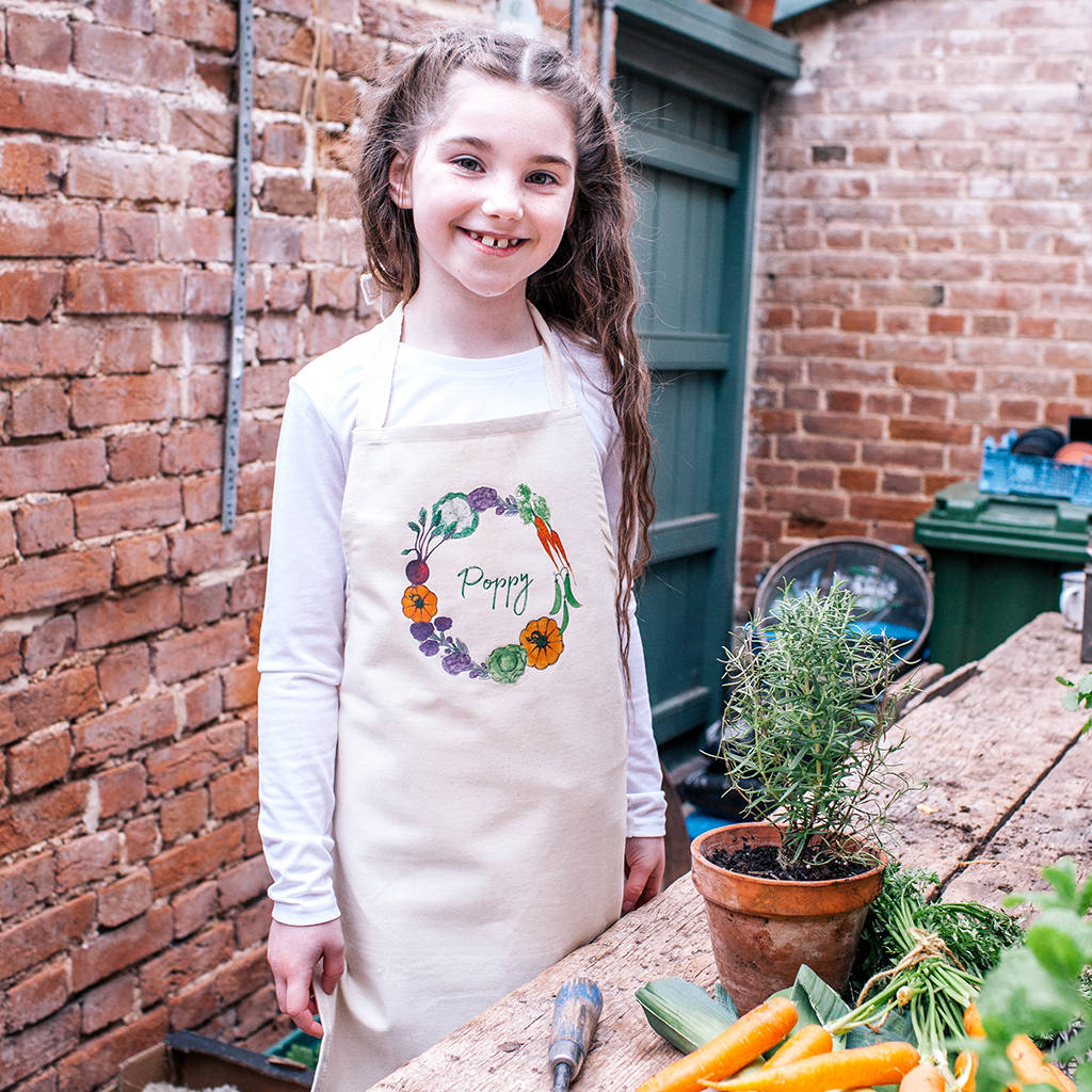 Personalised Kids Watercolour Vegetable Gardening Apron, 1 of 3