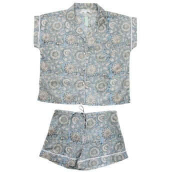 Block Printed Blue Cornflower Cotton Short Pyjama Set, 3 of 4