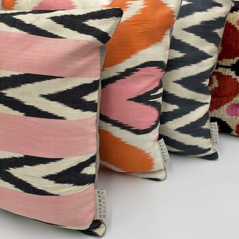 Square Ikat Silk Cushion Pink And Black Arrow, 7 of 8