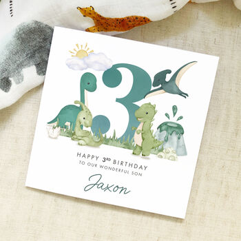Personalised Dinosaur Blue/Brown Any Age Birthday Card, 3 of 4