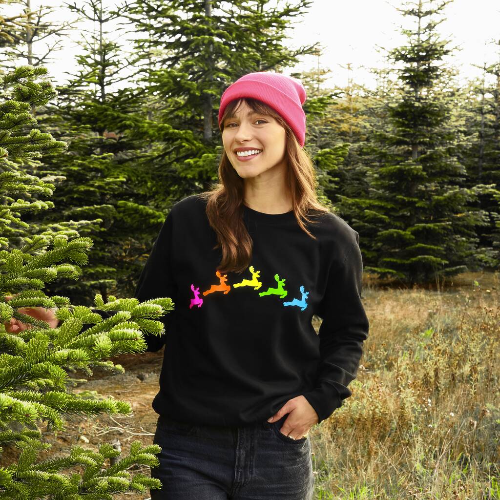 Neon Rainbow Reindeers Christmas Sweatshirt Jumper, 1 of 6