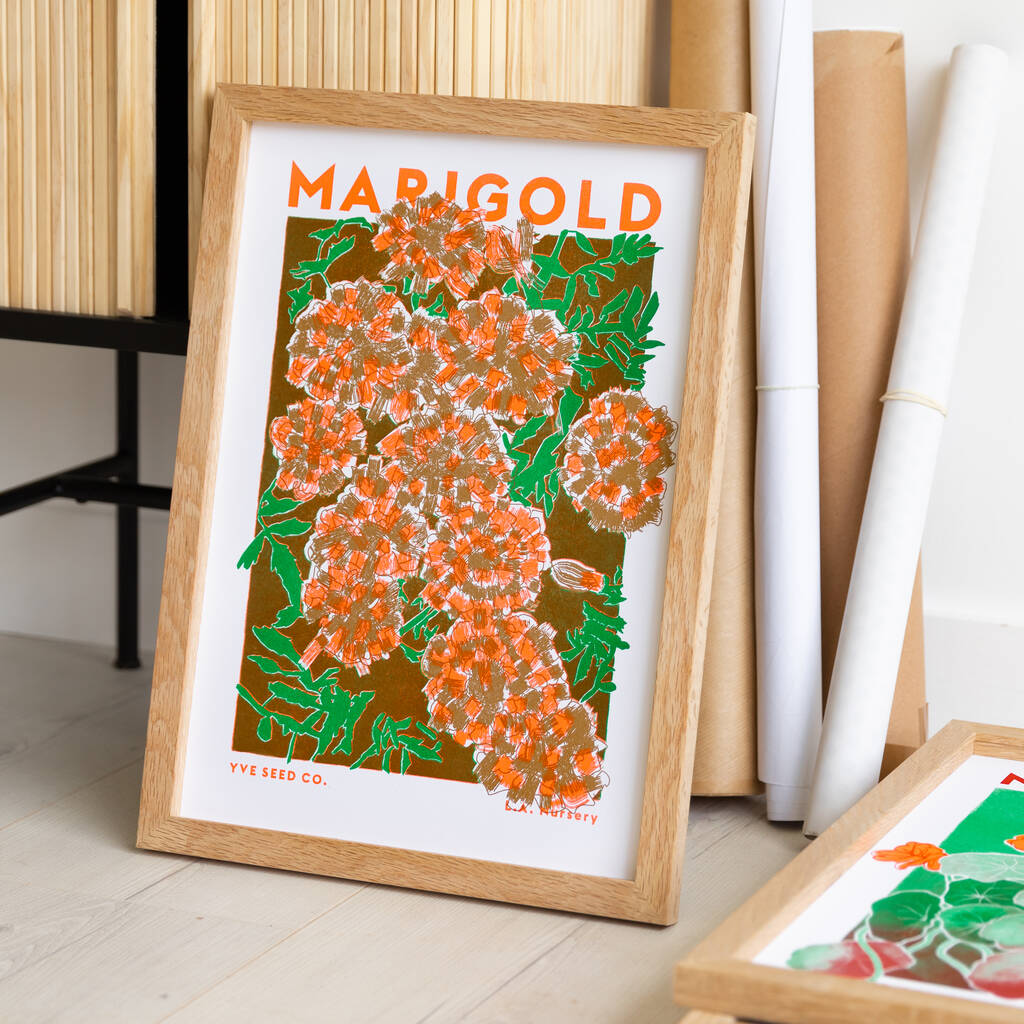 Marigold Flowers Illustration Riso Print, 1 of 8