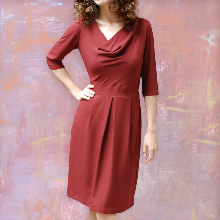 Elegant Day Dress In Russet Moss Crepe By Nancy Mac
