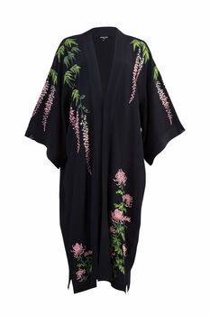 Wisteria And Chrysanthemum Black And Pink Embroidered Long Kimono, 11 of 12