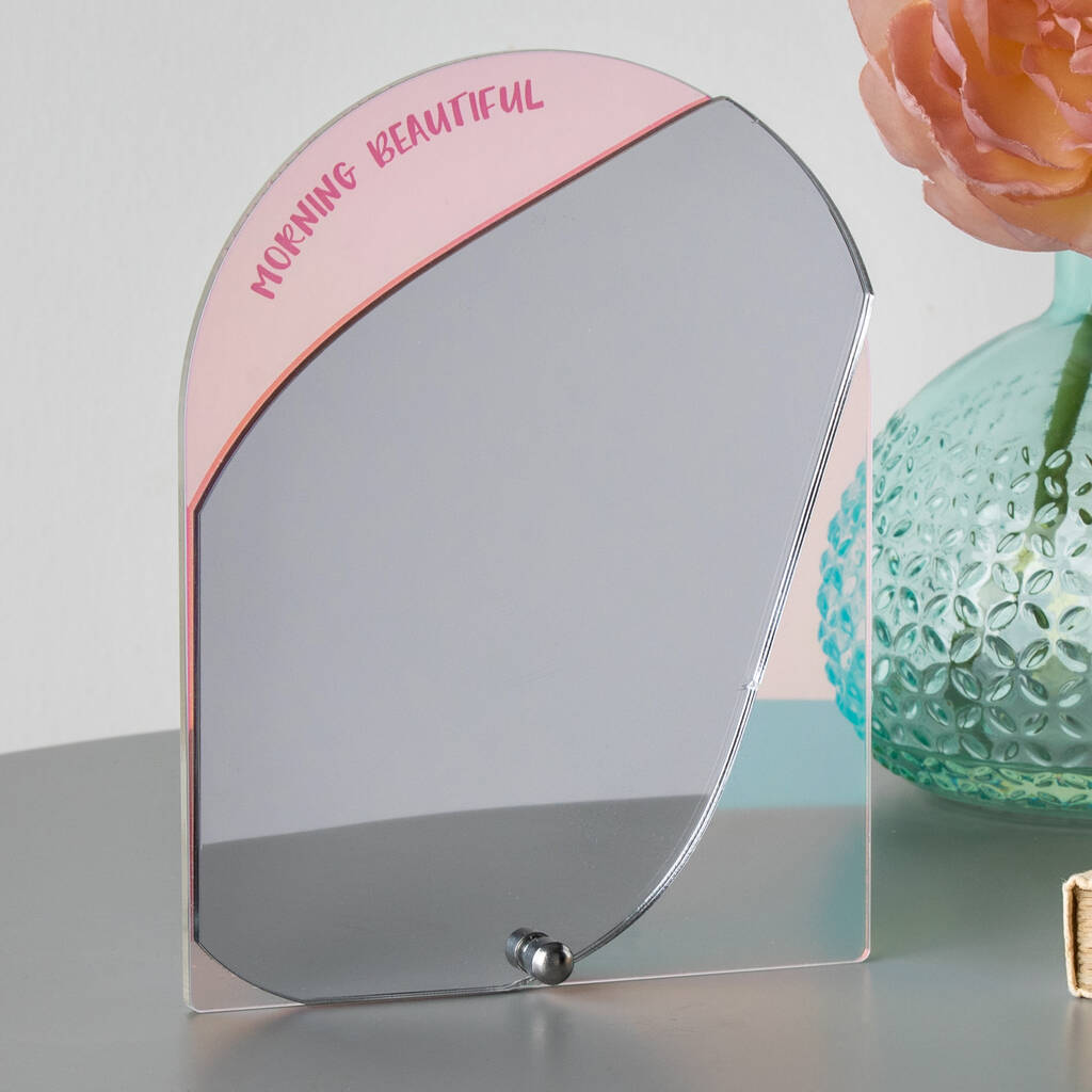 Personalised Iridescent Arch Side Table Mirror Stand By The Gifting Knot