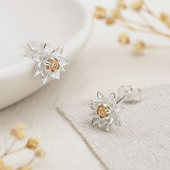 Sterling Silver July Birth Flower Lotus Water Lily Stud Earrings, 3 of 4