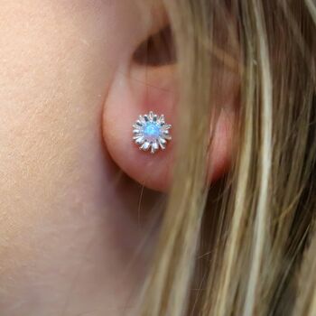 Sterling Silver Blue Opal Daisy Stud Earrings, 2 of 7