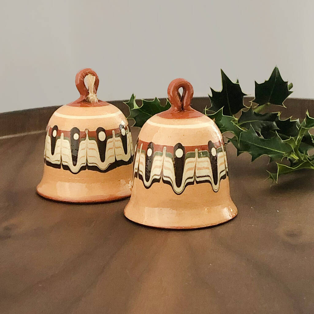 Pair Of Hand Painted Ceramic Bells In Tan Colour By The Tottem Artisan