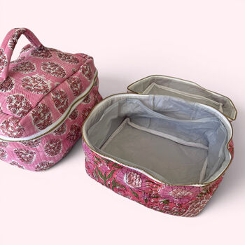 Vanity Bag | Quilted Cotton Toiletry Bag | Pink Garden Floral Block Print, 4 of 5