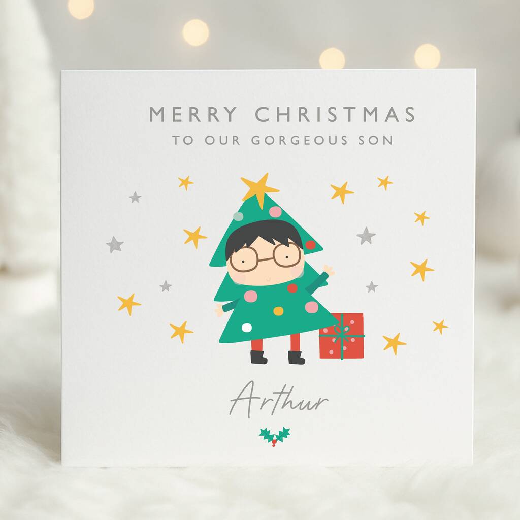 Funny Boy In A Christmas Tree Costume Card