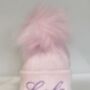 Embroidered Pink Single Pom Pom Knitted Baby Hat, thumbnail 4 of 6