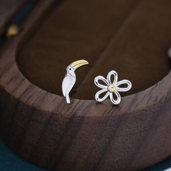 Mismatched Toucan And Flower Stud Earrings In Sterling Silver, 3 of 9