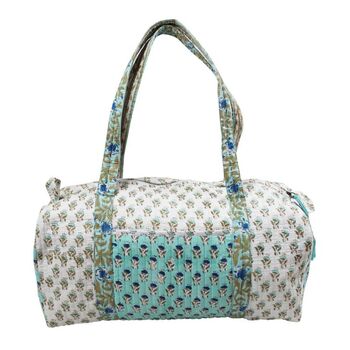 Block Printed Aqua, White And Green Floral Quilted Duffle Bag, 7 of 9