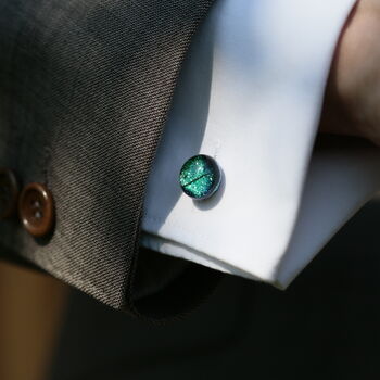 Emerald Green Round Fused Glass And Silver Cufflinks, 4 of 10