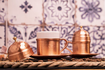 Turkish Copper Coffee Cup Set With Plates And Lids – Handmade Six Piece Gift For Two, 5 of 9
