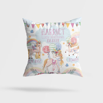 Personalised Unicorn Rainbows Keepsake Birth Cushion, 5 of 6