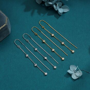 Sterling Silver Cz Bezel Cascade Drop U Threader Earrings, 3 of 11
