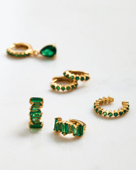Crystal Baguette Huggies Gold Plated With Green Stones, 3 of 5