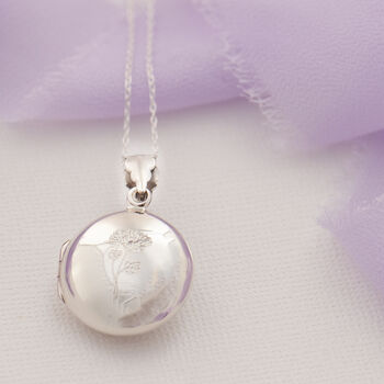 Engraved Birthflower Round Sterling Silver Locket, 2 of 12
