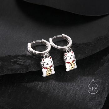 Super Cute Maneki Neko Cat Huggie Earrings, 2 of 9