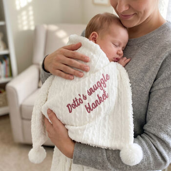 Personalised White Cable Knit Pom Pom Blanket, 4 of 10