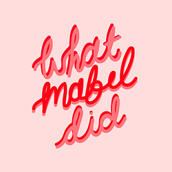 logo of whatmabeldid written in a cursive handwritten font in bright pink and red. the logo is displayed on a pale pink background.