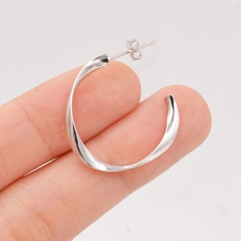 Twisted Strip Mobius Band Large Semi Hoop Stud Earrings In Sterling Silver, 3 of 12
