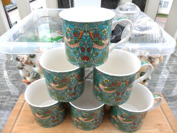Set Of Six Palace Mugs In William Morris Teal Strawberry Thief Design, 2 of 12
